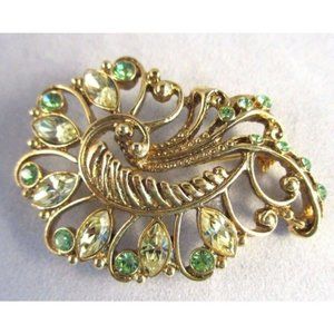 Vintage Green Swirl With Marquis Round Rhinstones Gold Tone Pin Brooch